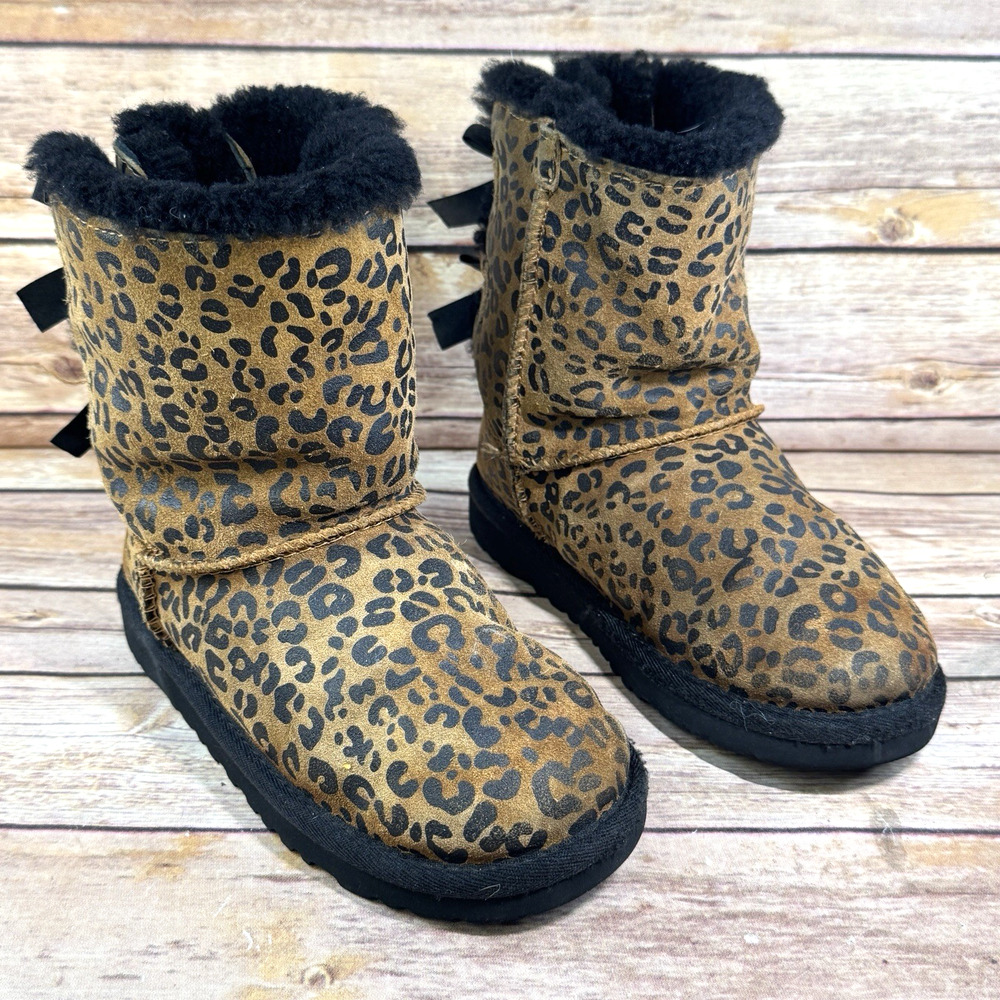 Ugg Girls Brown Black Leopard Print Bailey Bow Boots Size 13